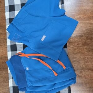 Figs Blue Scrub Set with Orange Accents